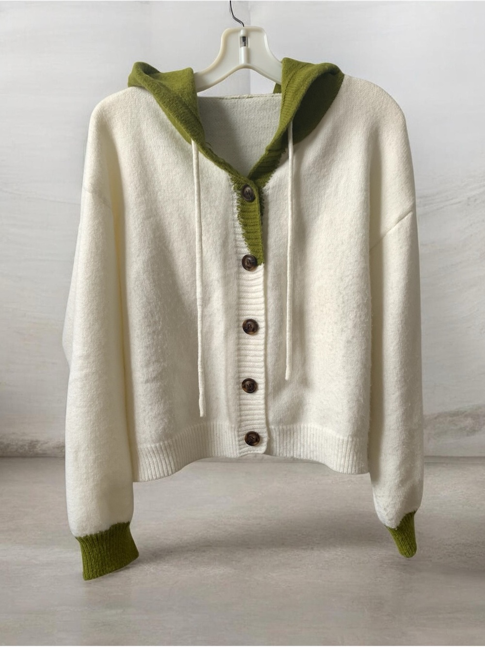 Cream Knit Button-Up Hoodie with Olive Green Trim